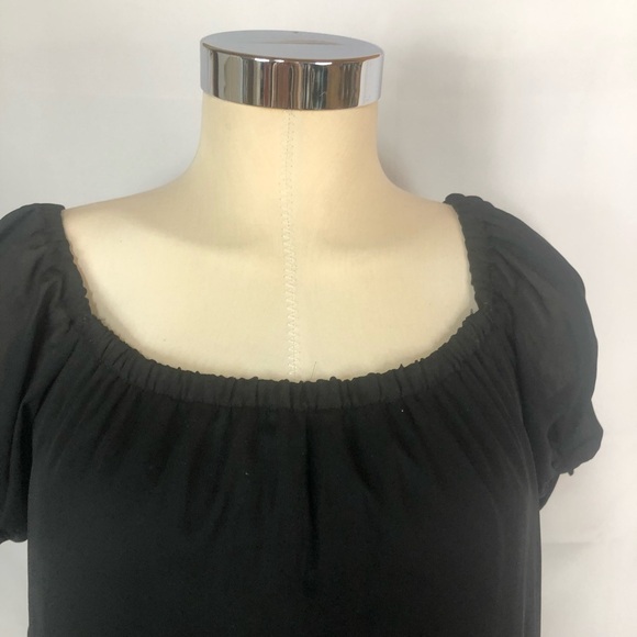 Lulus Black Mini Dress Peasant Style Puffed Sleeve w/Tie Sheer Wide Lace Border - Picture 5 of 9